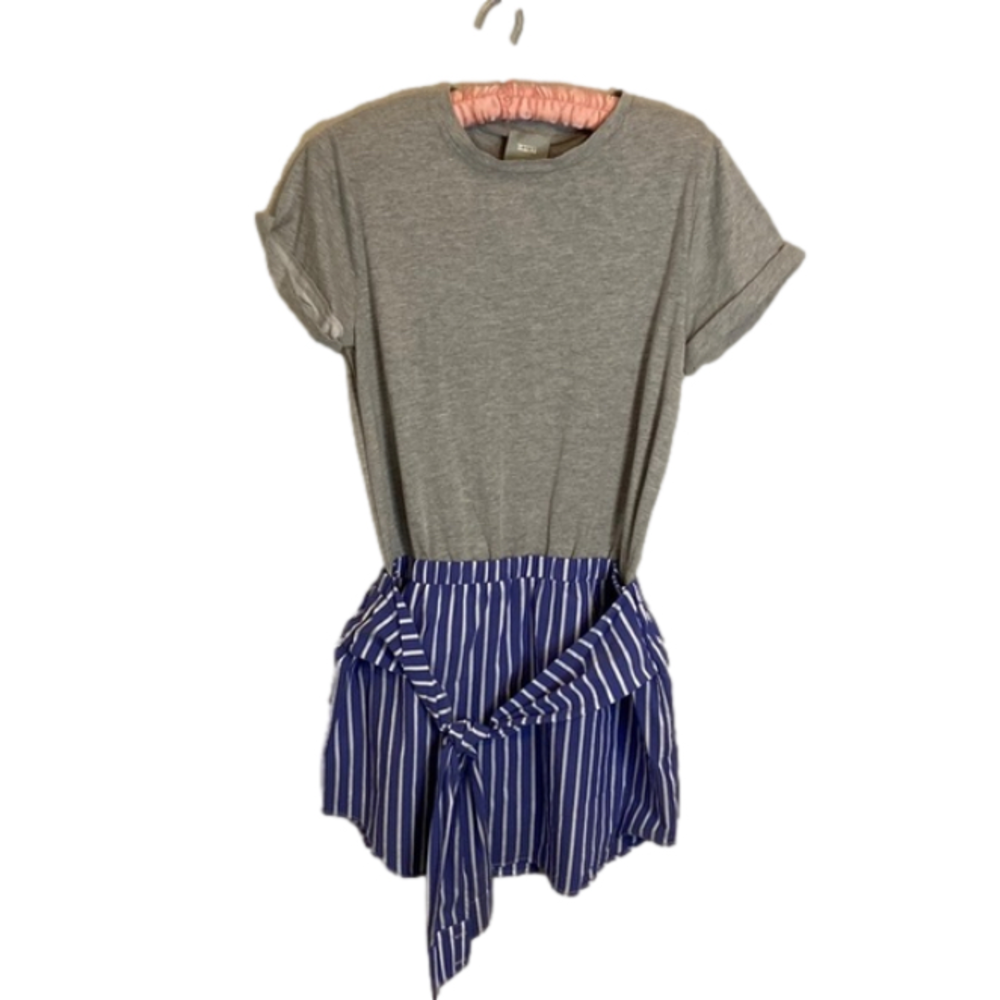 Gray Tee with Blue Striped Tie-Waist Skirt Dress